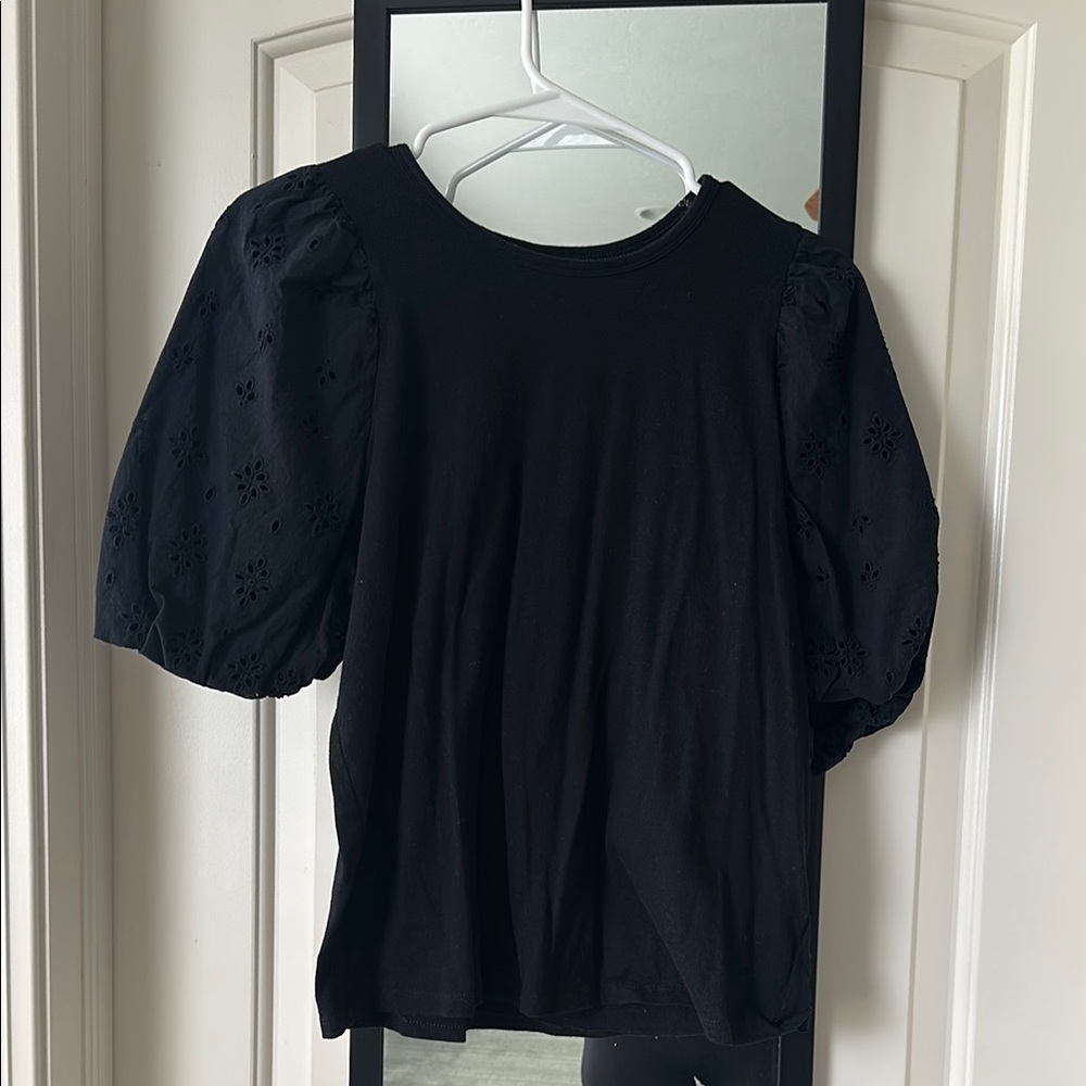 Black Puff-Sleeve Eyelet Top - Women